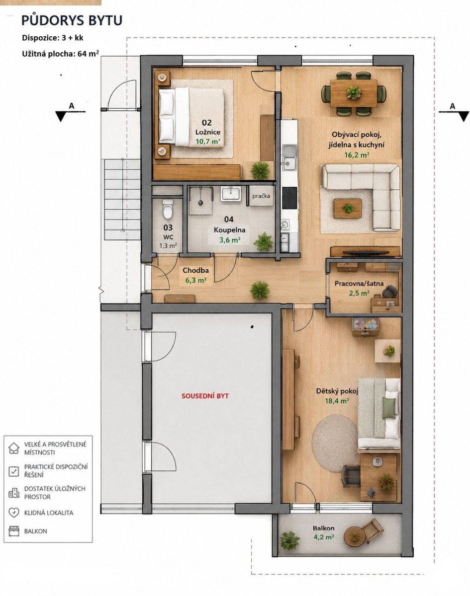 Prodej bytu 3+kk 68 m²