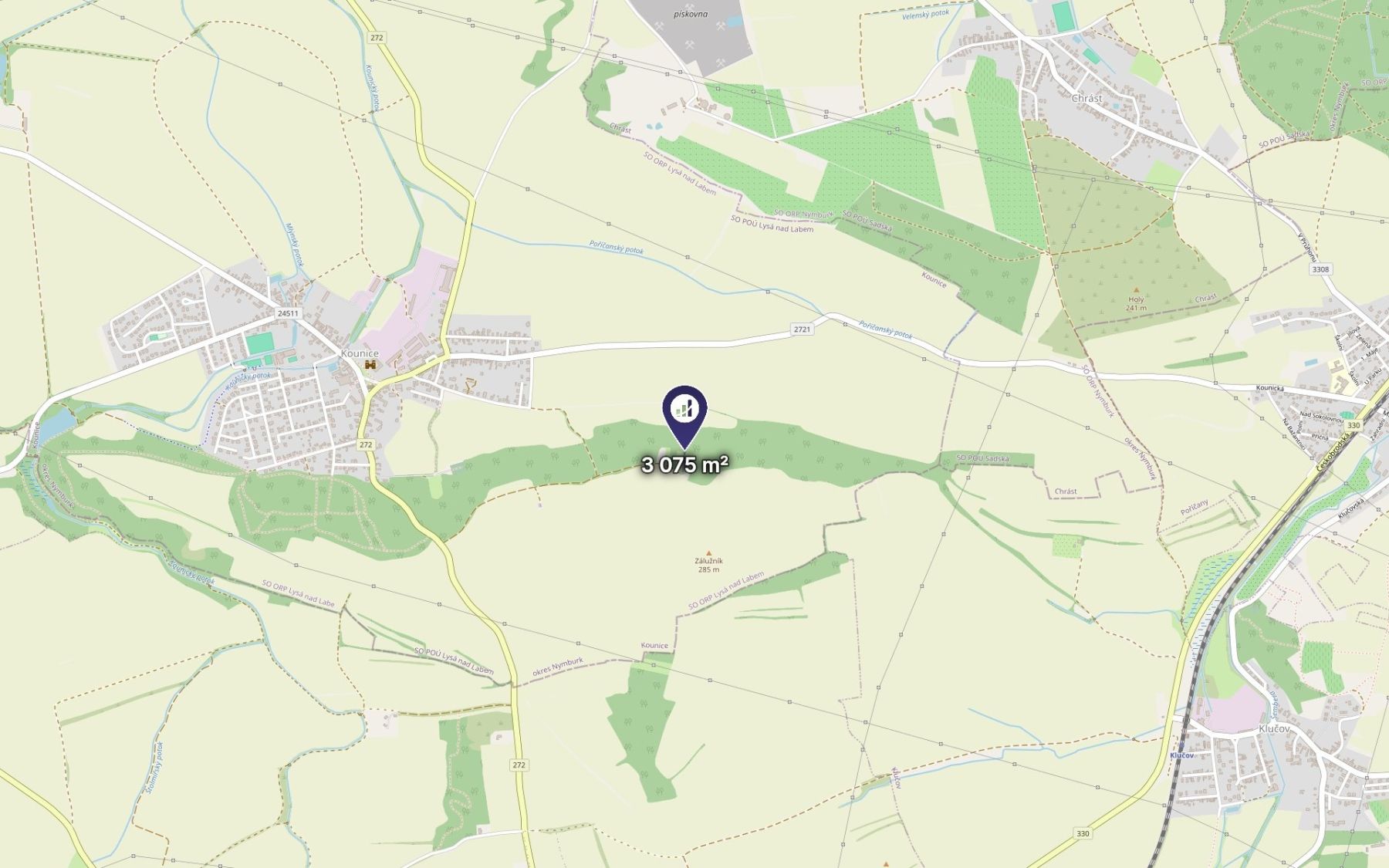 Prodej pozemku 3.075 m² – pohled 3