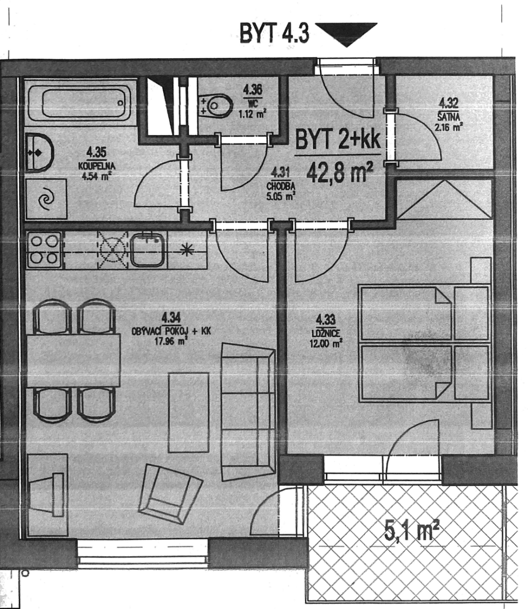 1-soban stan, 43 m²